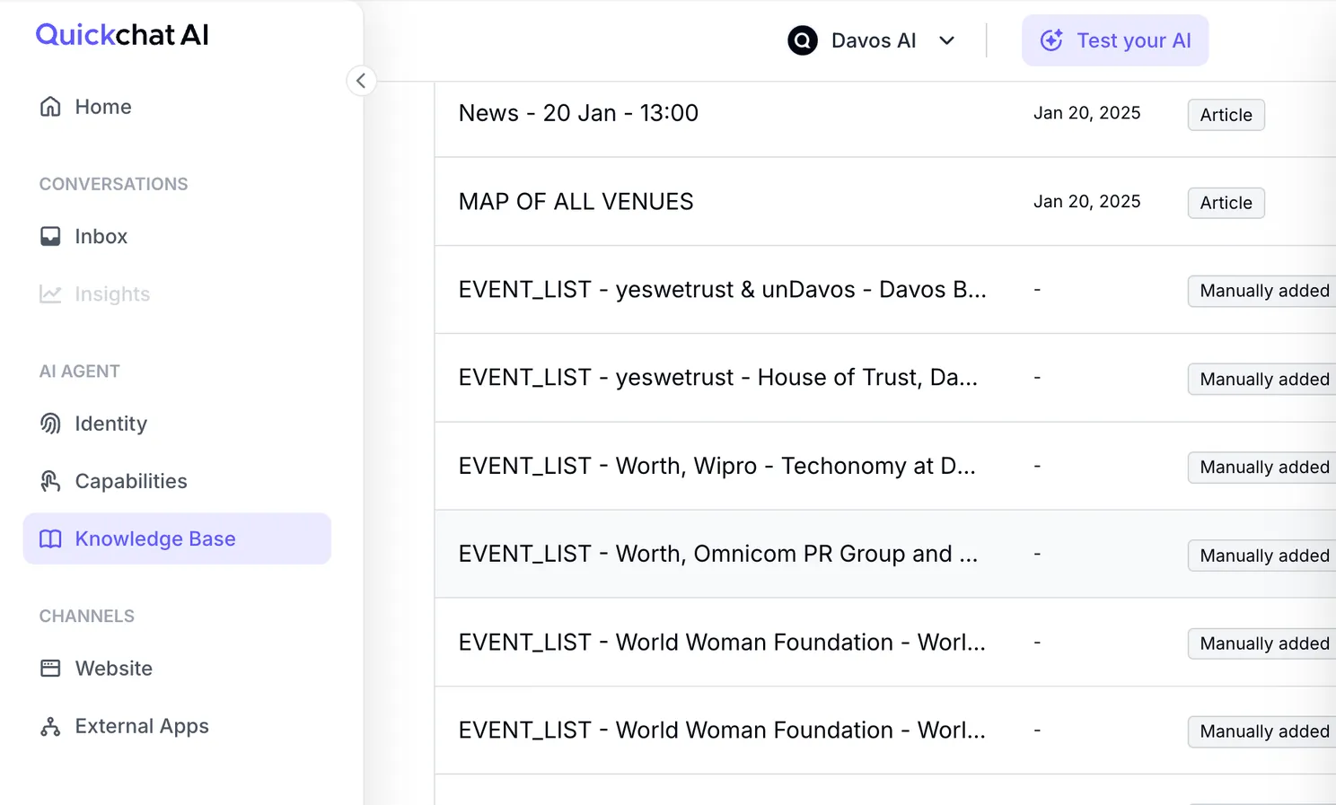 Screenshot of the Quickchat AI platform showing the Davos AI interface