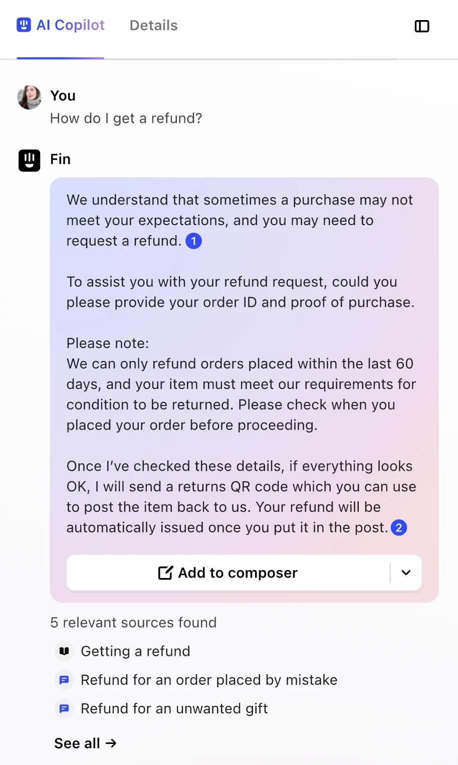 Intercom's Fin AI Copilot in the interface