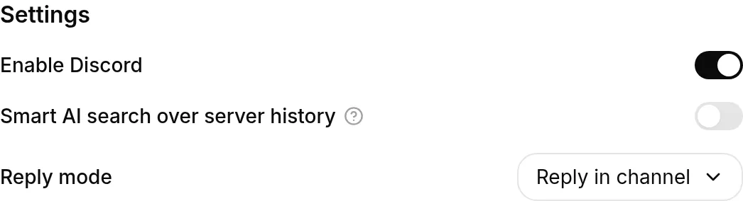Smart AI search over server history toggle in the Discord integration settings