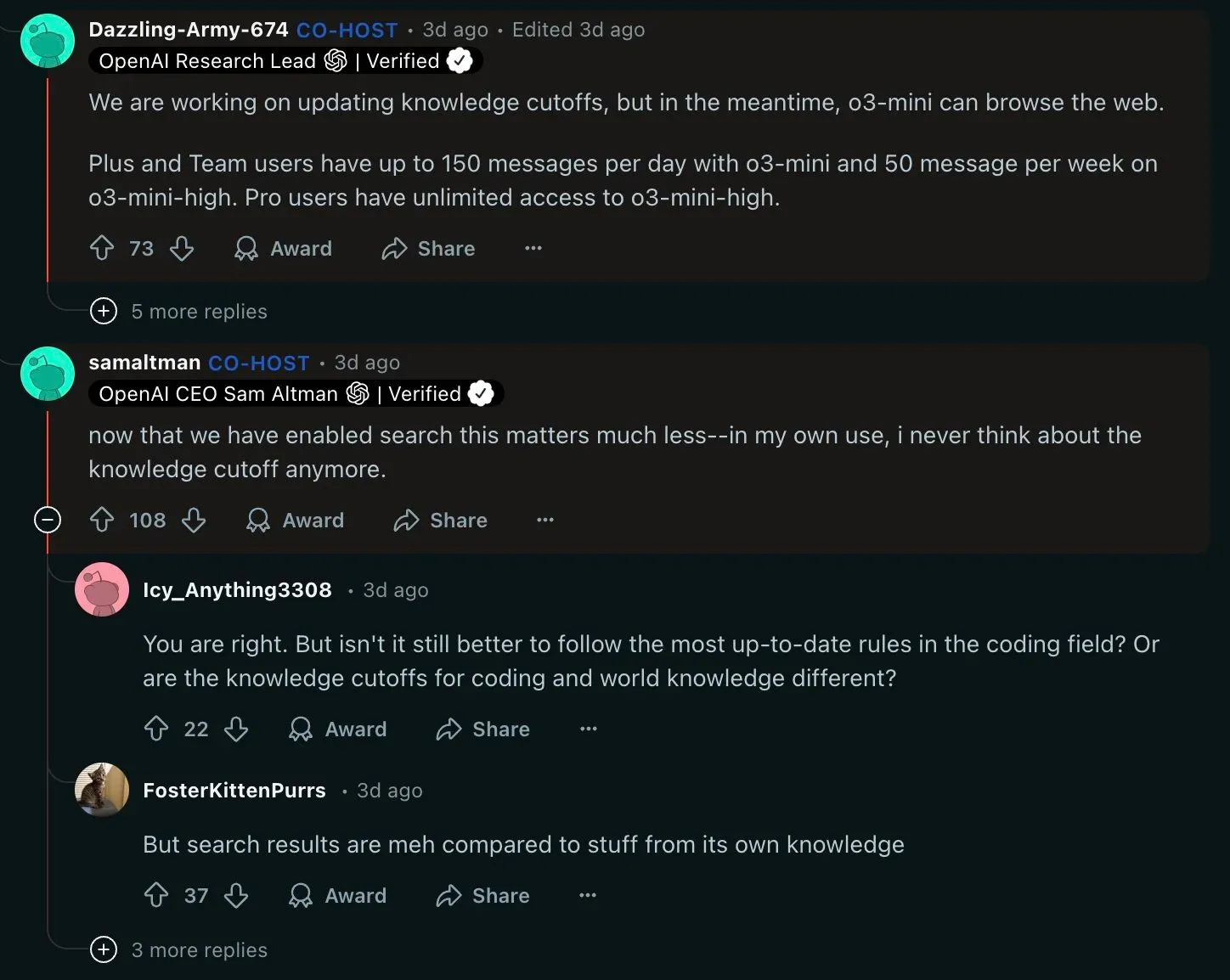 Screenshot of a Reddit discussion featuring Sam Altman, OpenAI CEO, addressing the impact of search-enabled models on knowledge cutoffs, with comments debating search quality versus built-in knowledge.