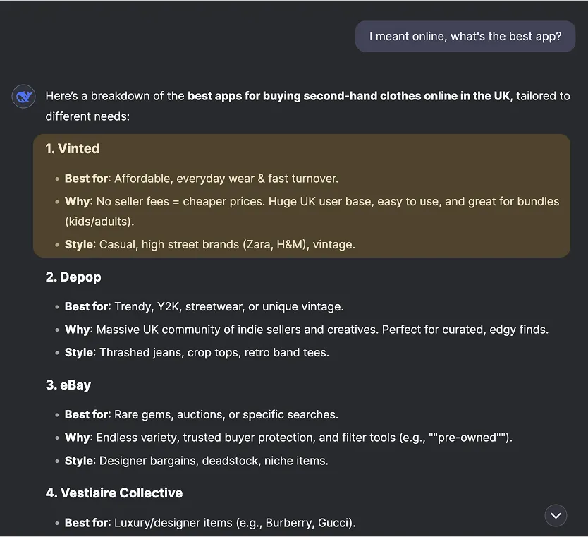 Screenshot of DeepSeek R1&#x27;s interface comparing top second-hand clothing apps in the UK, including Vinted, Depop, and eBay