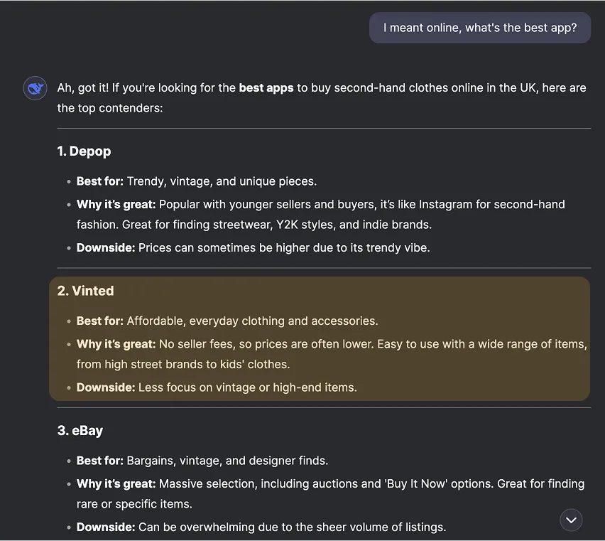 Screenshot of DeepSeek V3&#x27;s interface comparing top second-hand clothing apps in the UK, including Vinted, Depop, and eBay