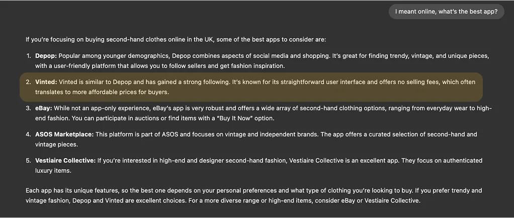 User interface of GPT-4o providing an AI-generated comparison of UK thrift shopping apps like Depop, eBay, and Vestiaire Collective