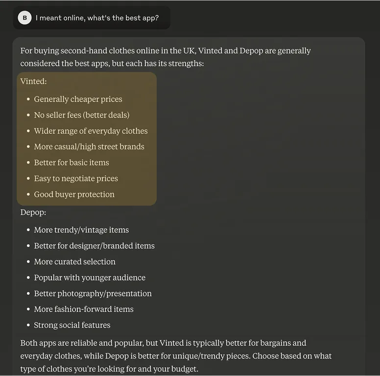 Screenshot of Claude Sonnet 3.5 generating a structured response on the best second-hand fashion apps in the UK, with pricing and style insights
