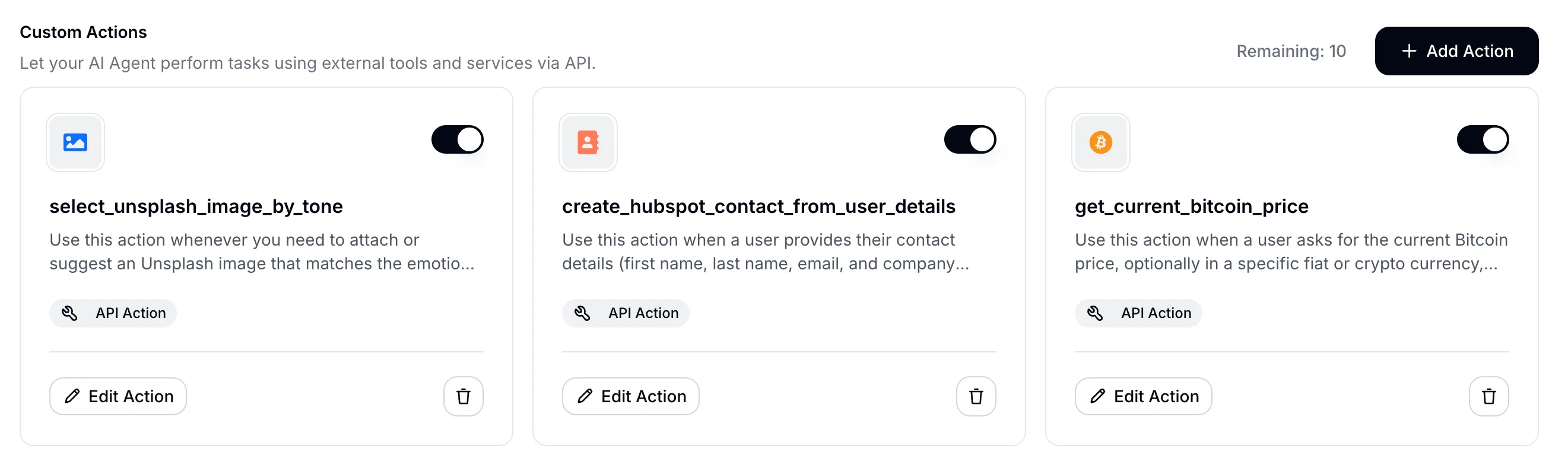 The Actions & MCPs page in the Quickchat dashboard showing a configured API Action