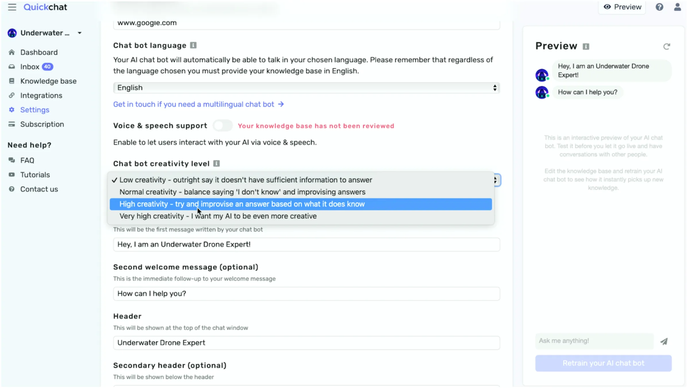 Quickchat AI - Settings