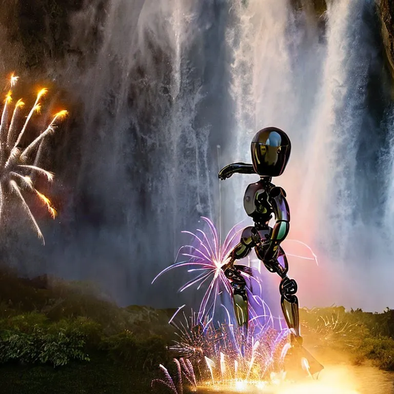 Image has been generated with Stable Diffusion 2.1 using prompt: ‘Futuristic humanoid robot in front of a waterfall taking off using a jet pack, fireworks in the background, high-resolution photograph with great lighting’