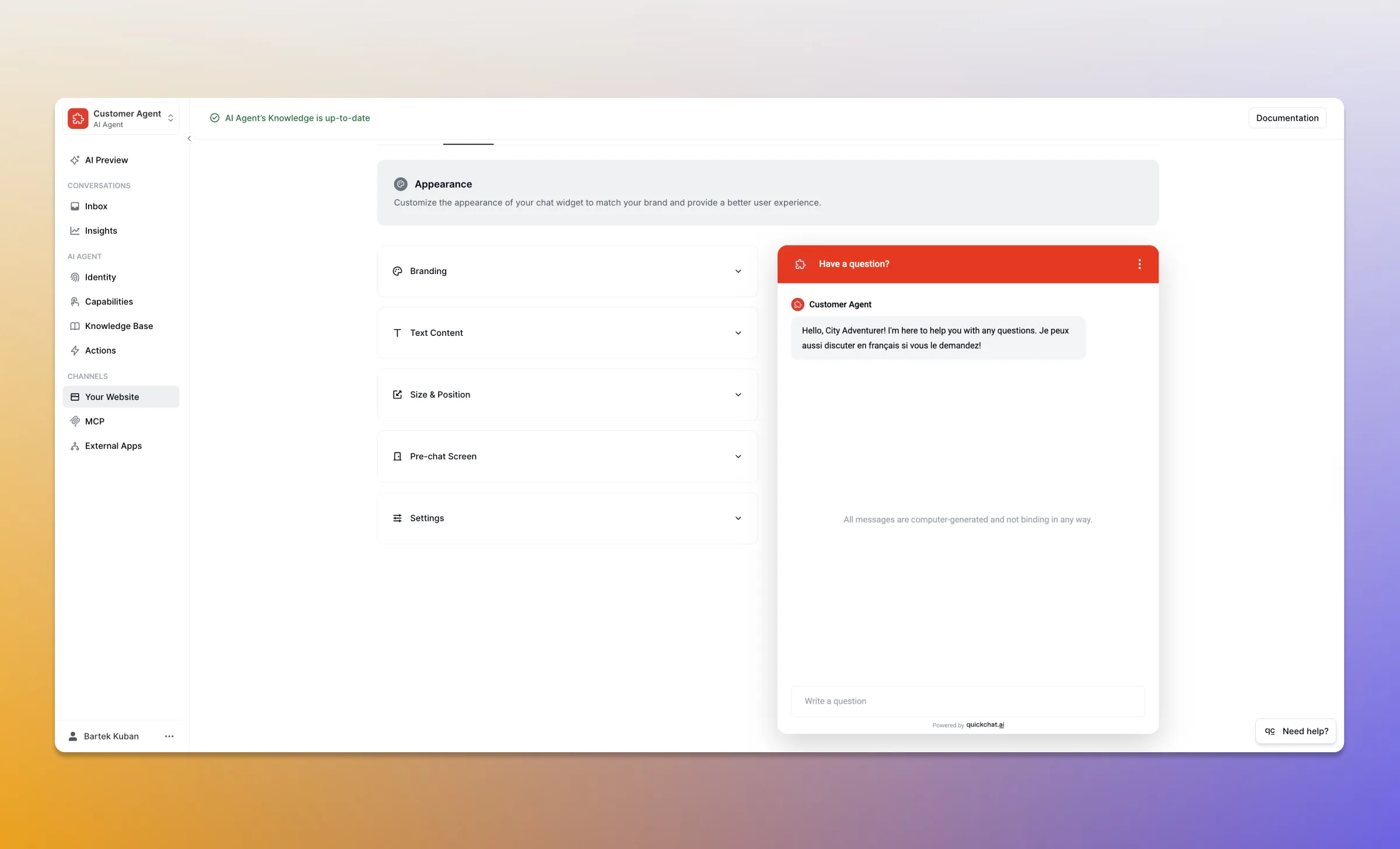 Quickchat AI widget appearance tab