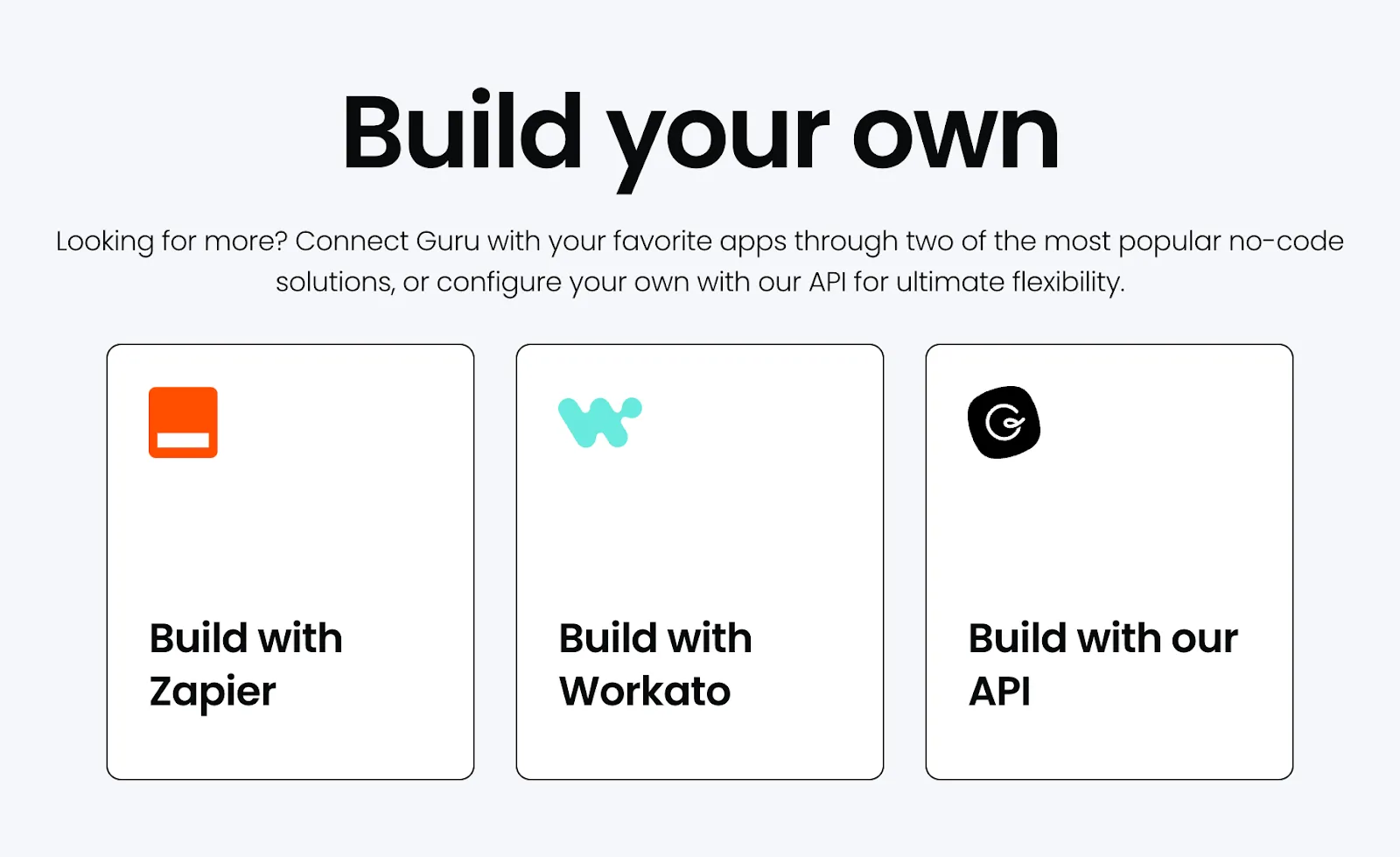 Guru&#x27;s integrations with no-code solutions that let you connect to other apps