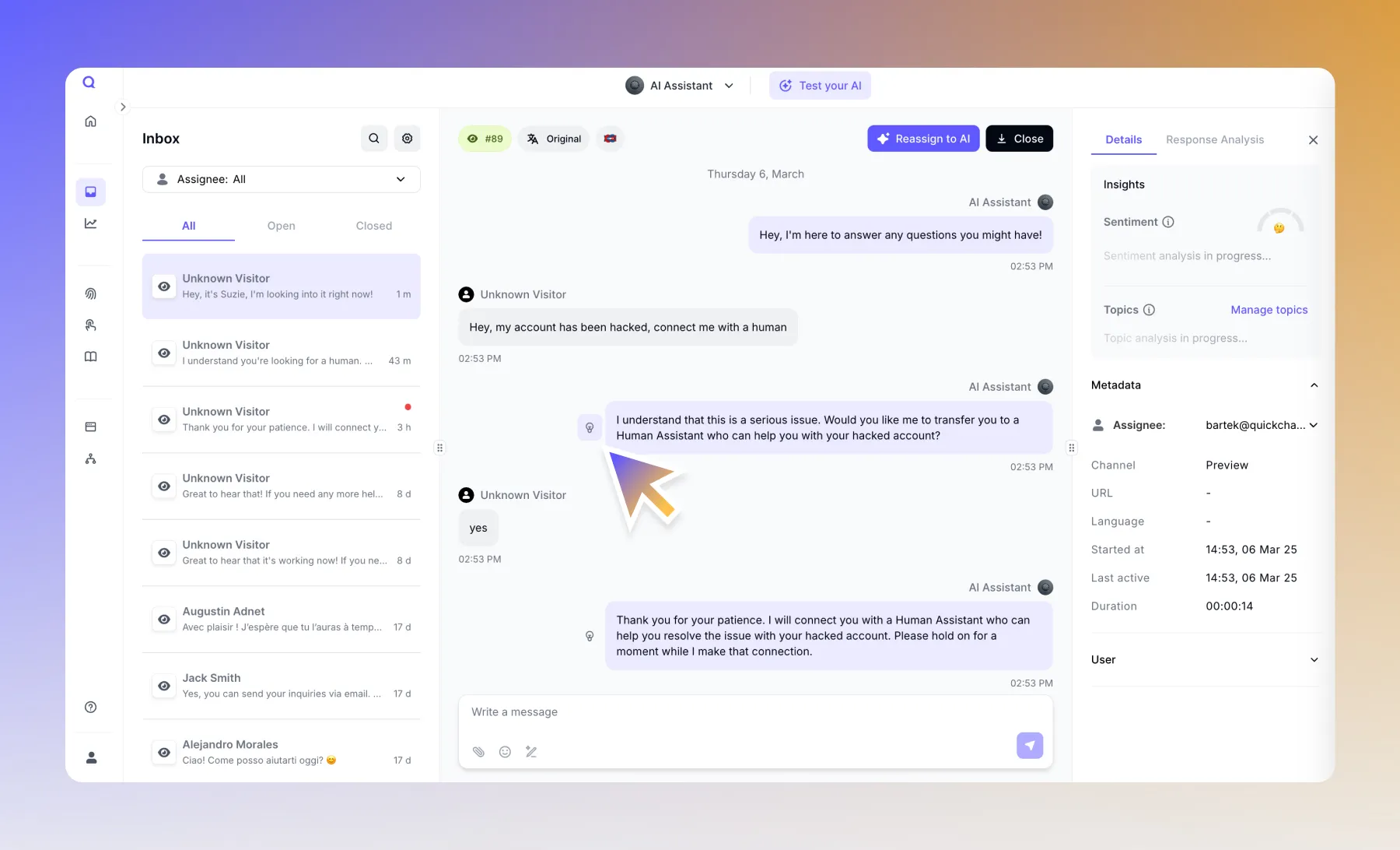 A screenshot of Quickchat AI interface
