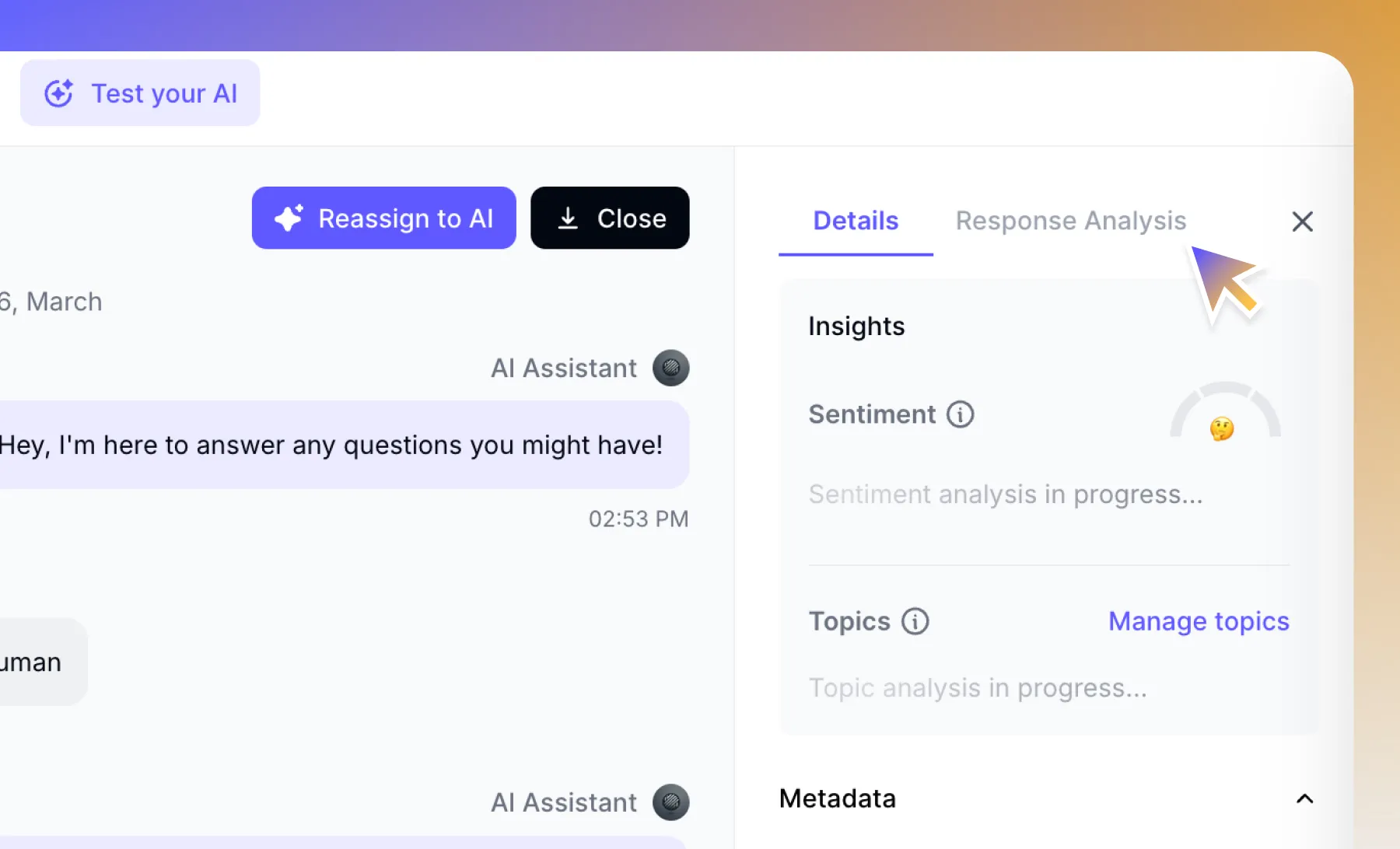 A screenshot of Quickchat AI interface and Response Analysis tab