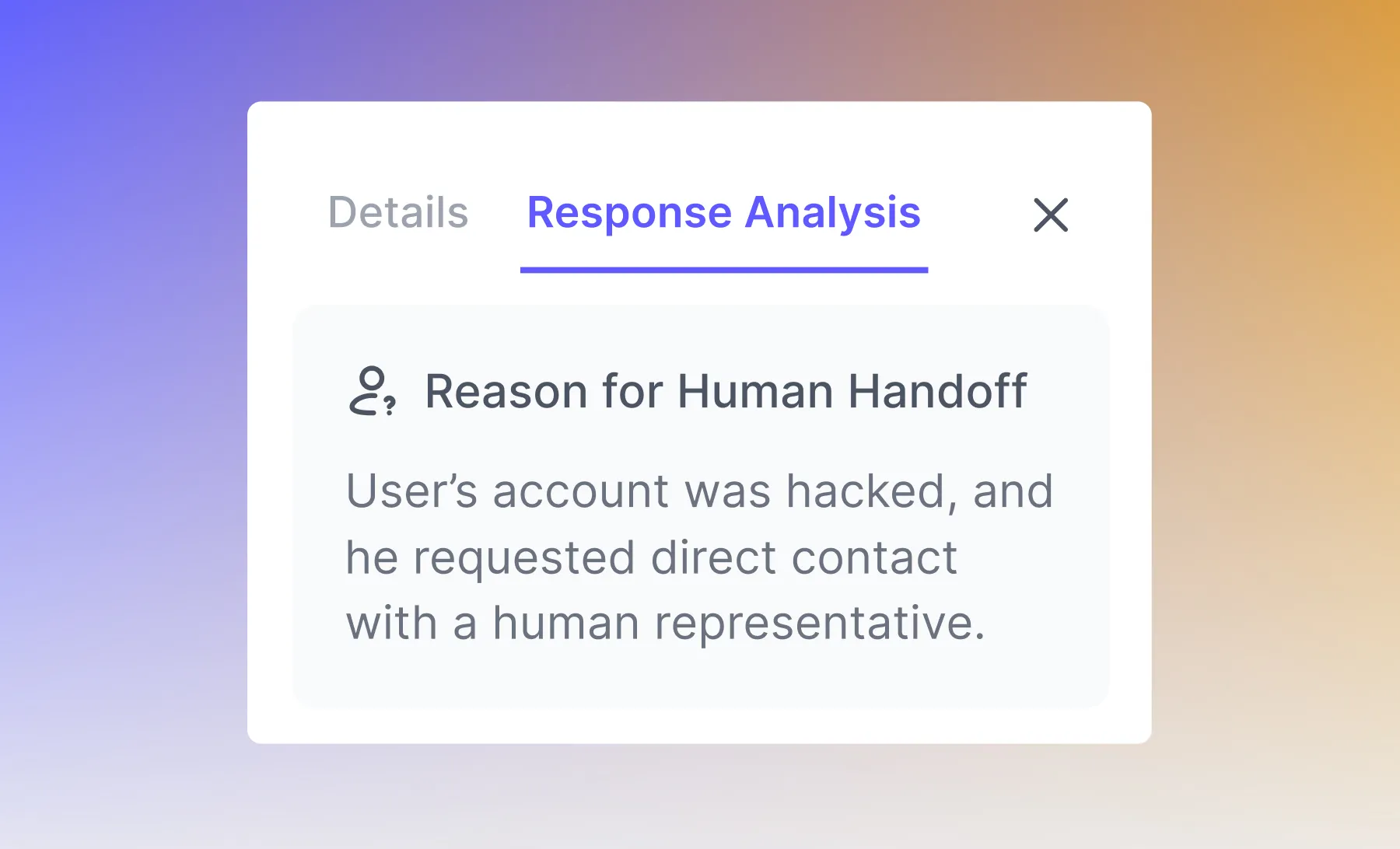 Screenshot of the Reason for Human Handoff note in the Quickchat AI interface