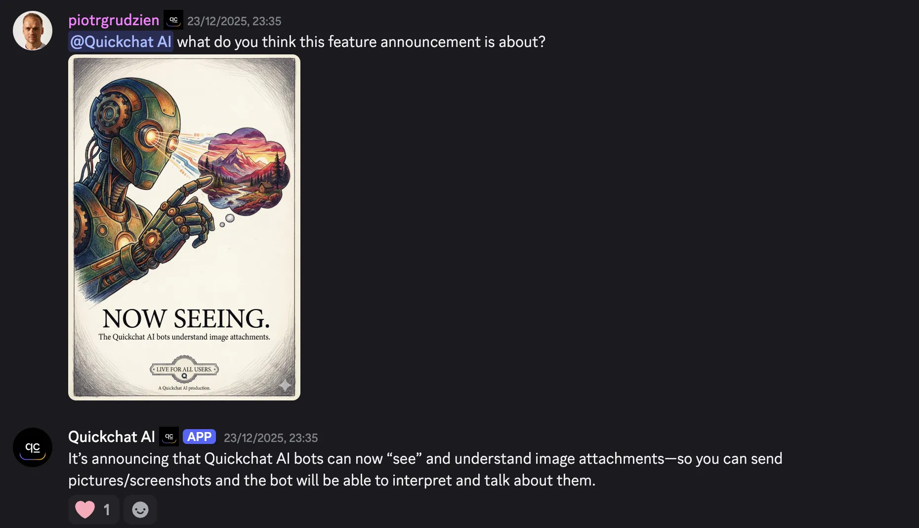 A user sends a screenshot to the bot, and the bot analyzes the image to answer their question