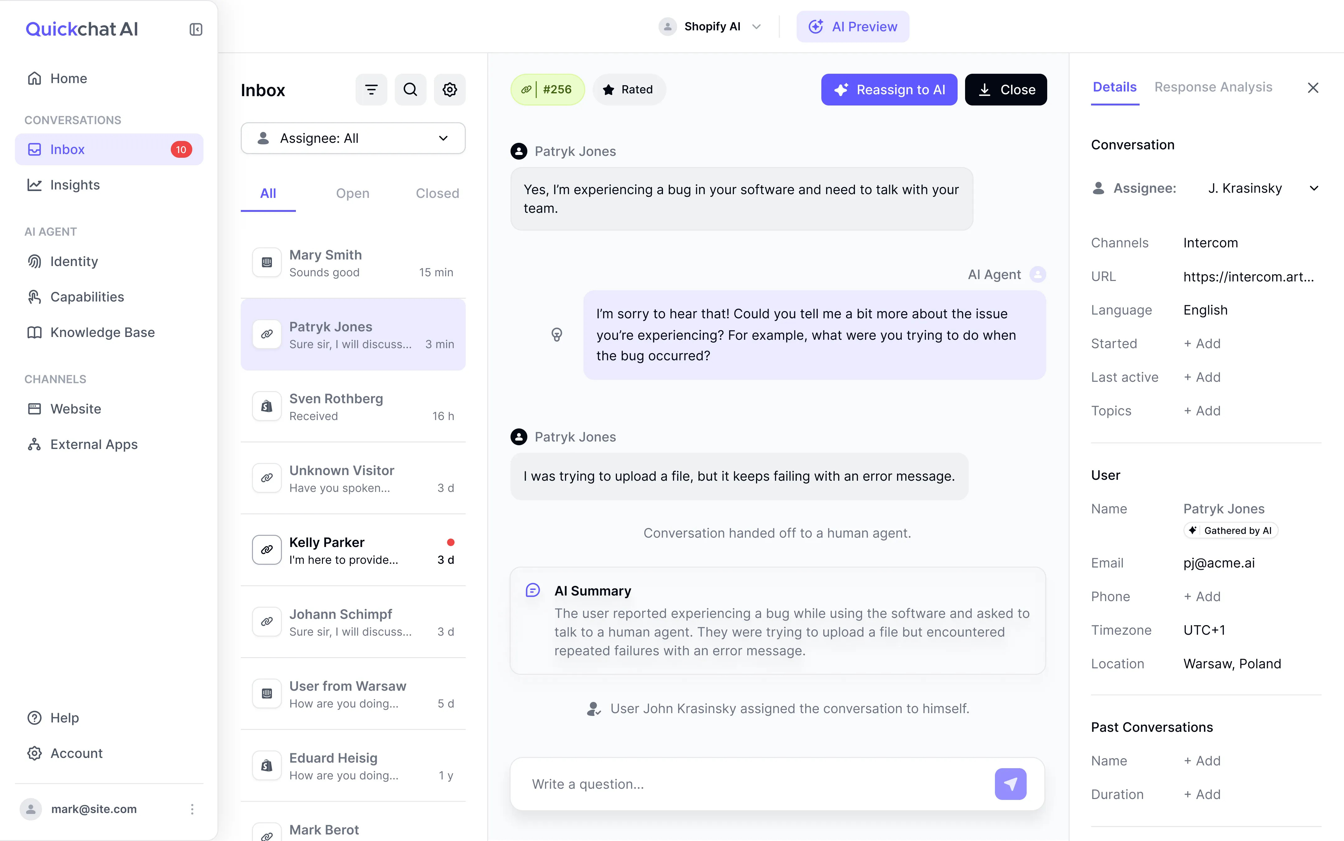 Human handoff interface showing the new Inbox design