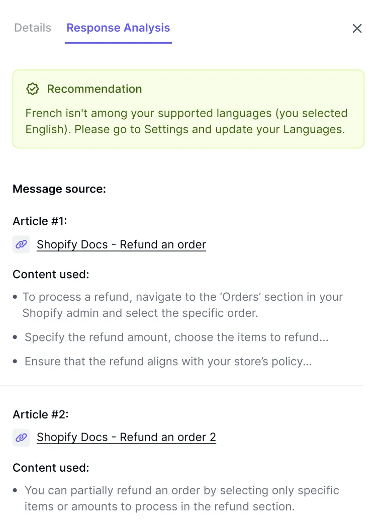 Response Analysis tab showing AI response breakdown
