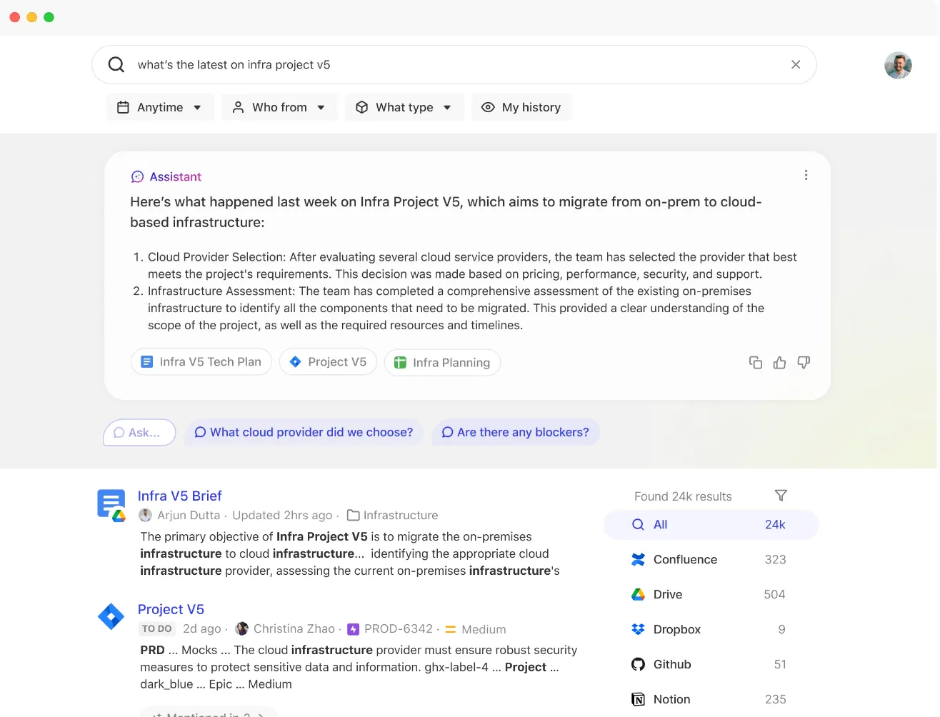 Glean&#x27;s interface with a search bar and example results