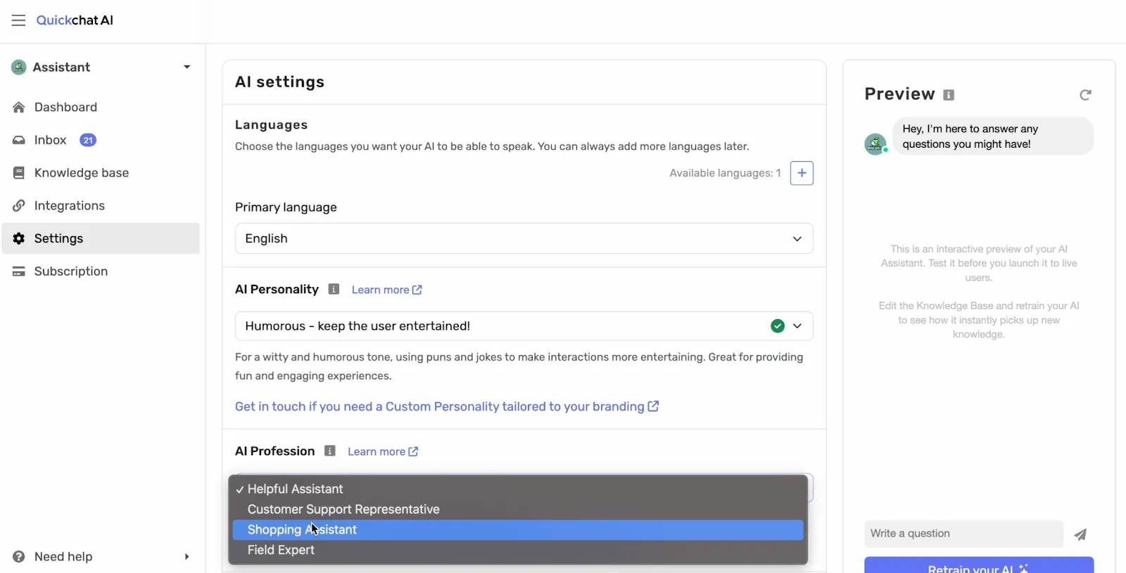 AI Profession section in the Quickchat AI interface