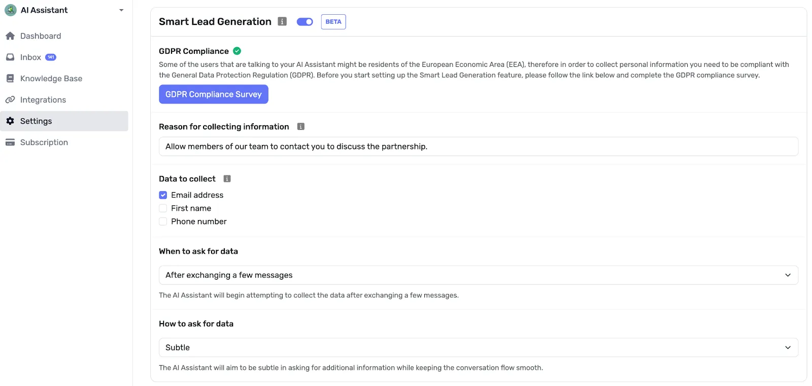 Smart Lead Generation section in the Quickchat AI interface