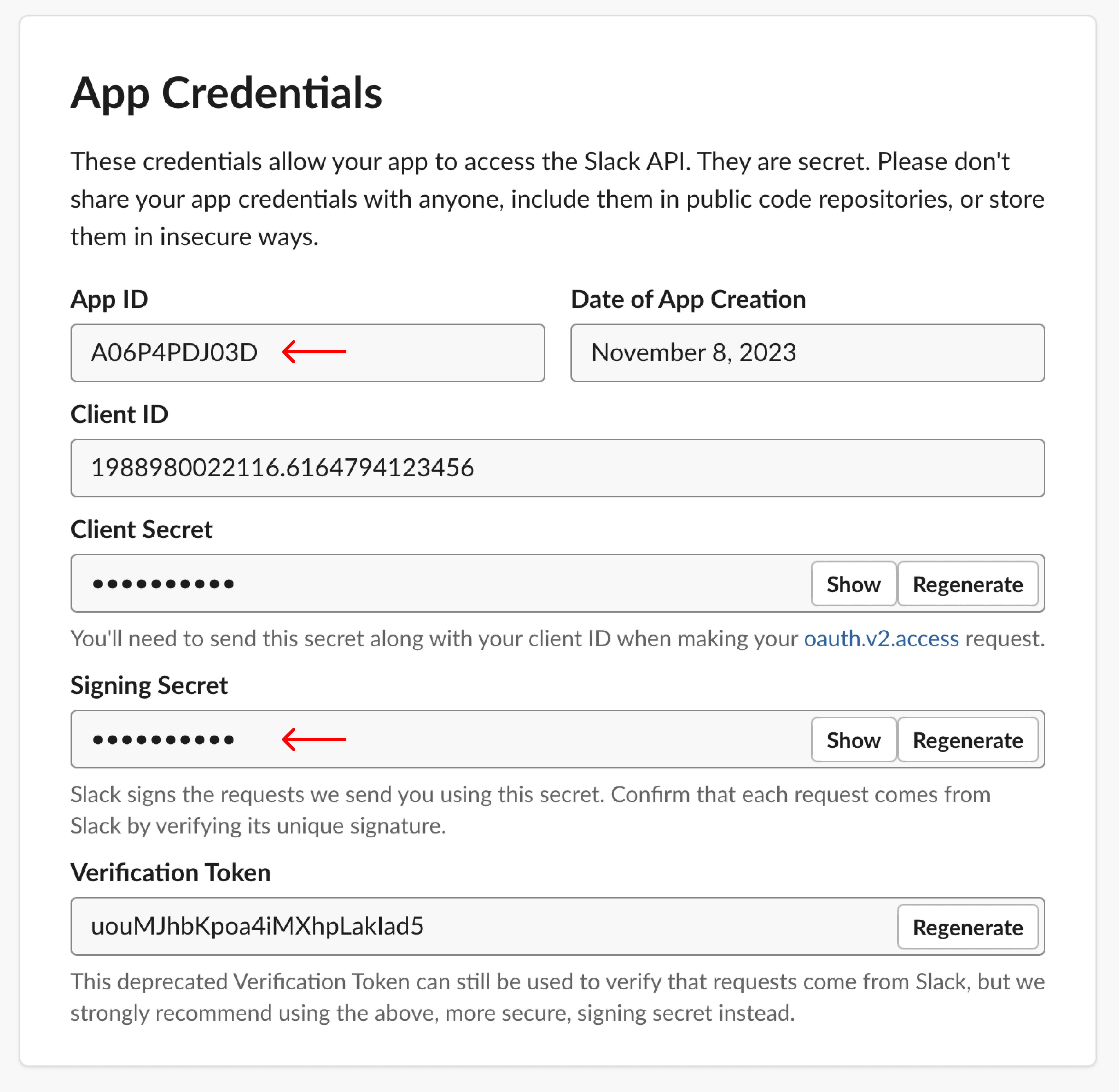 Copy your App ID and Signing Secret. Remember, Verification Token is NOT your Bot User OAuth Token