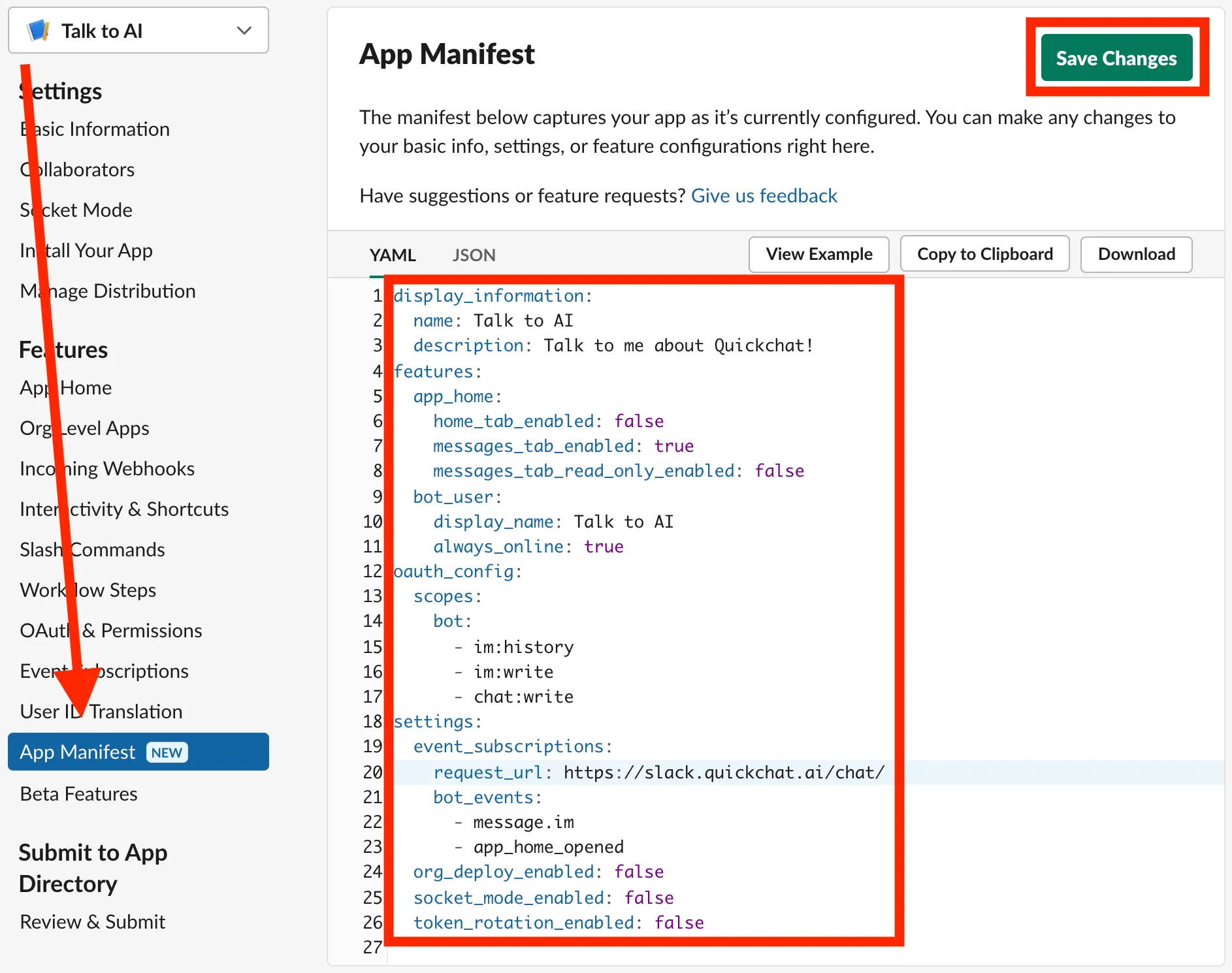 Paste bot app configuration into your YAML manifest file