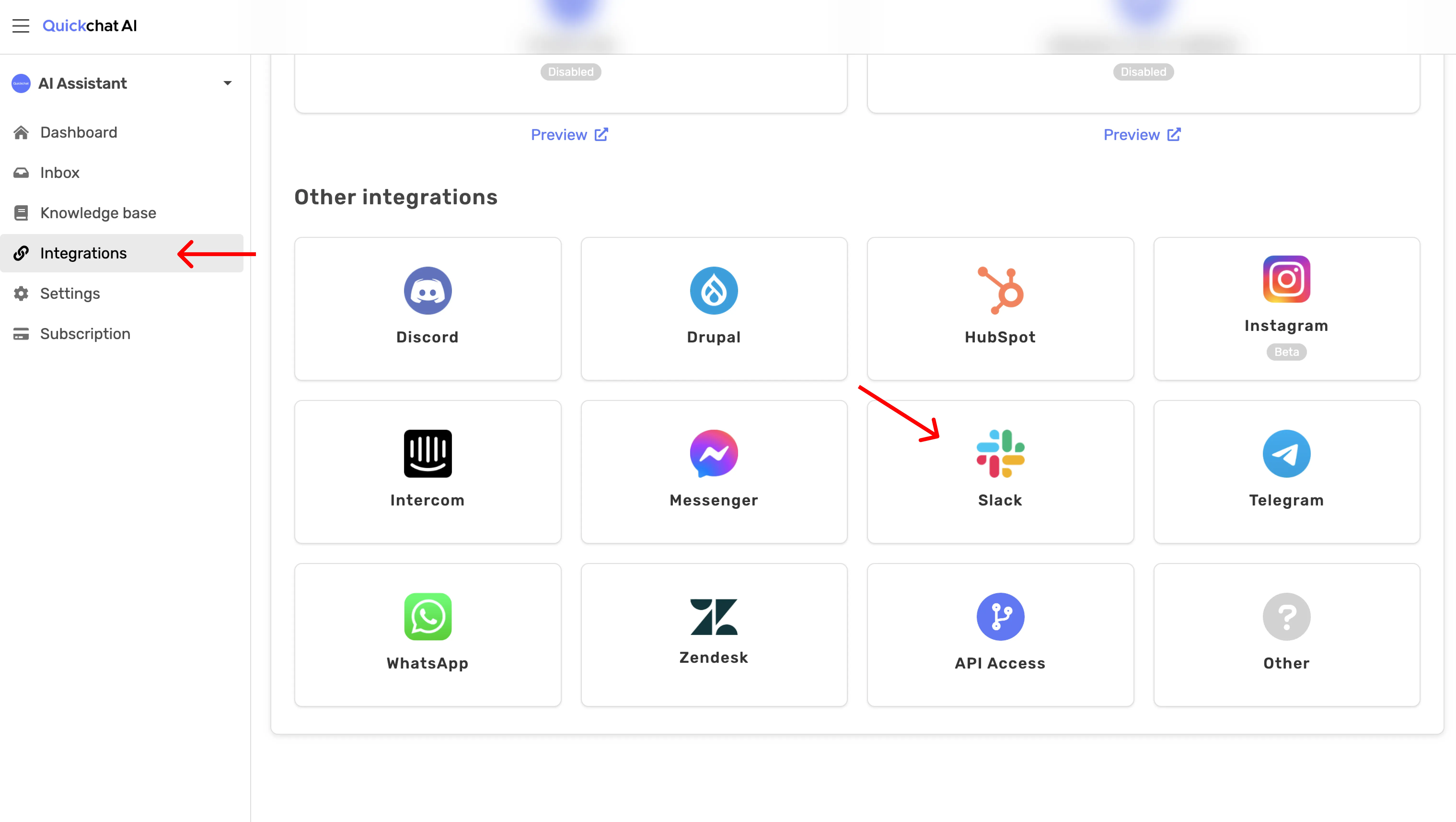 Quickchat AI Integrations section