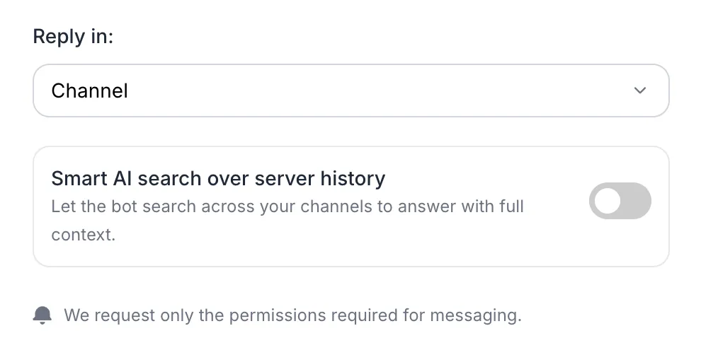 Smart AI search over server history toggle in the Discord integration settings