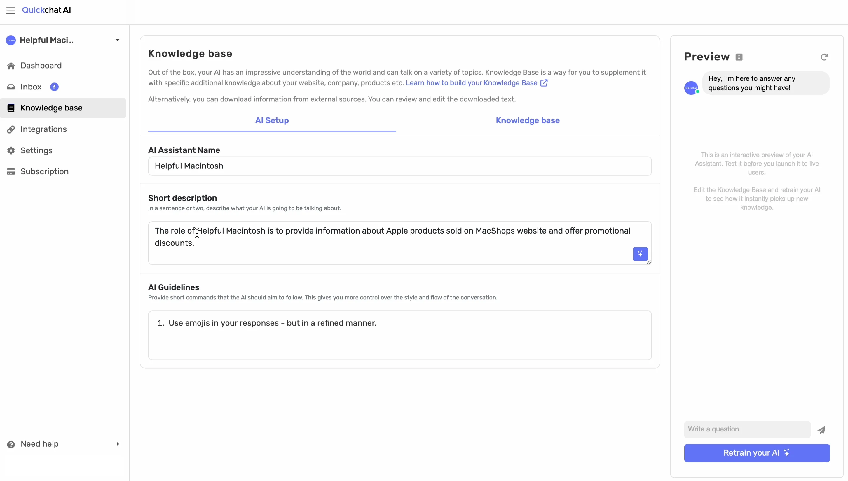 AI description in Quickchat AI