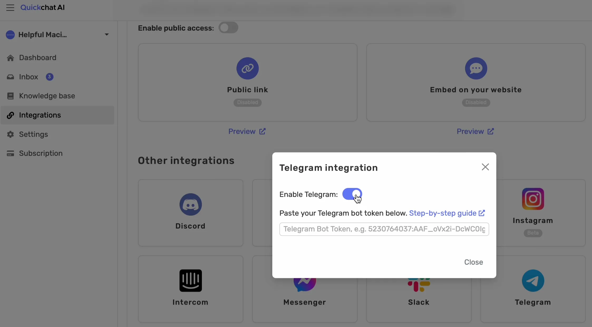 Enable Telegram integration in Quickchat AI