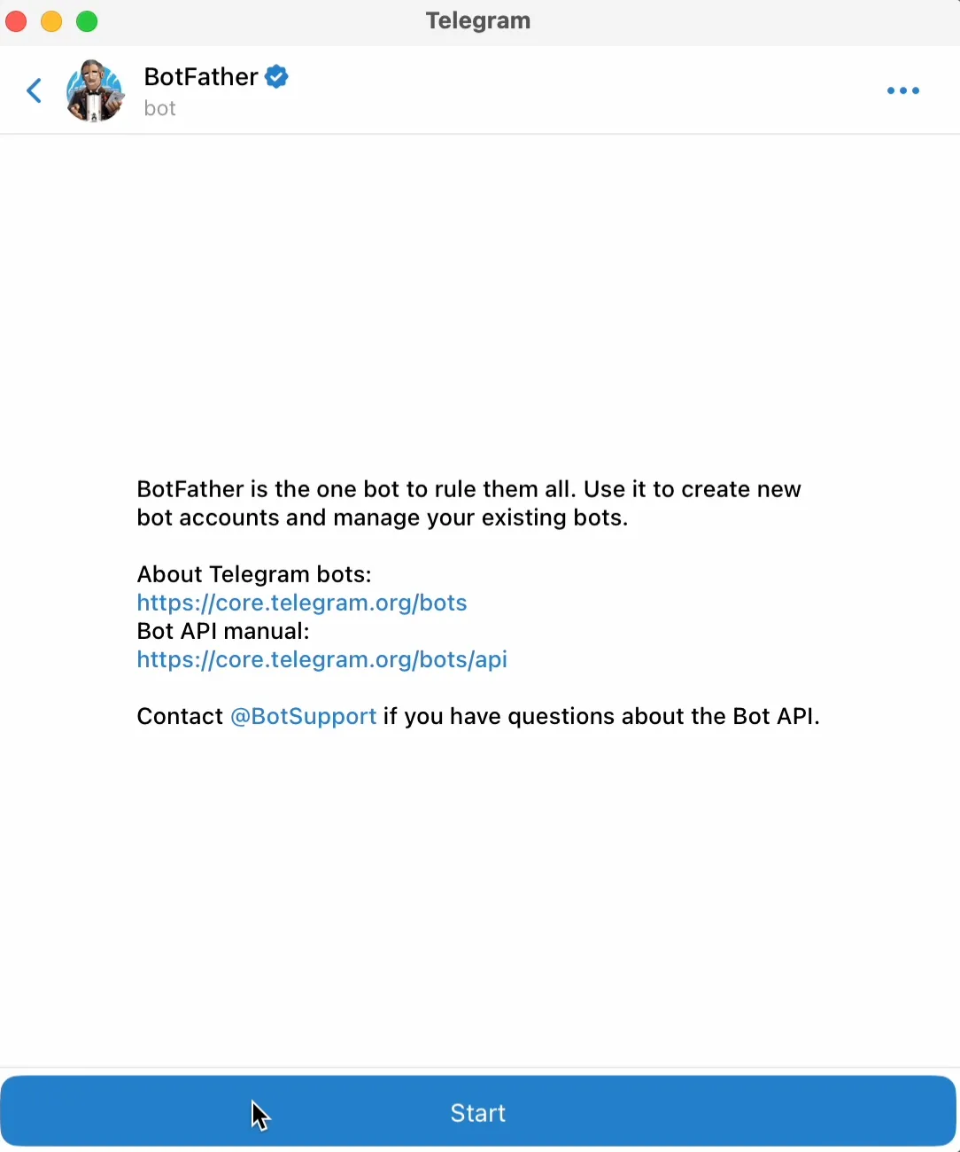 Starting BotFather in Telegram