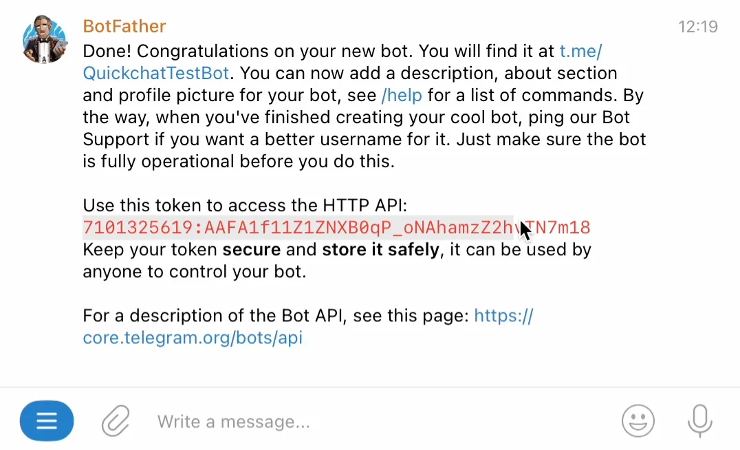 API key generated by BotFather