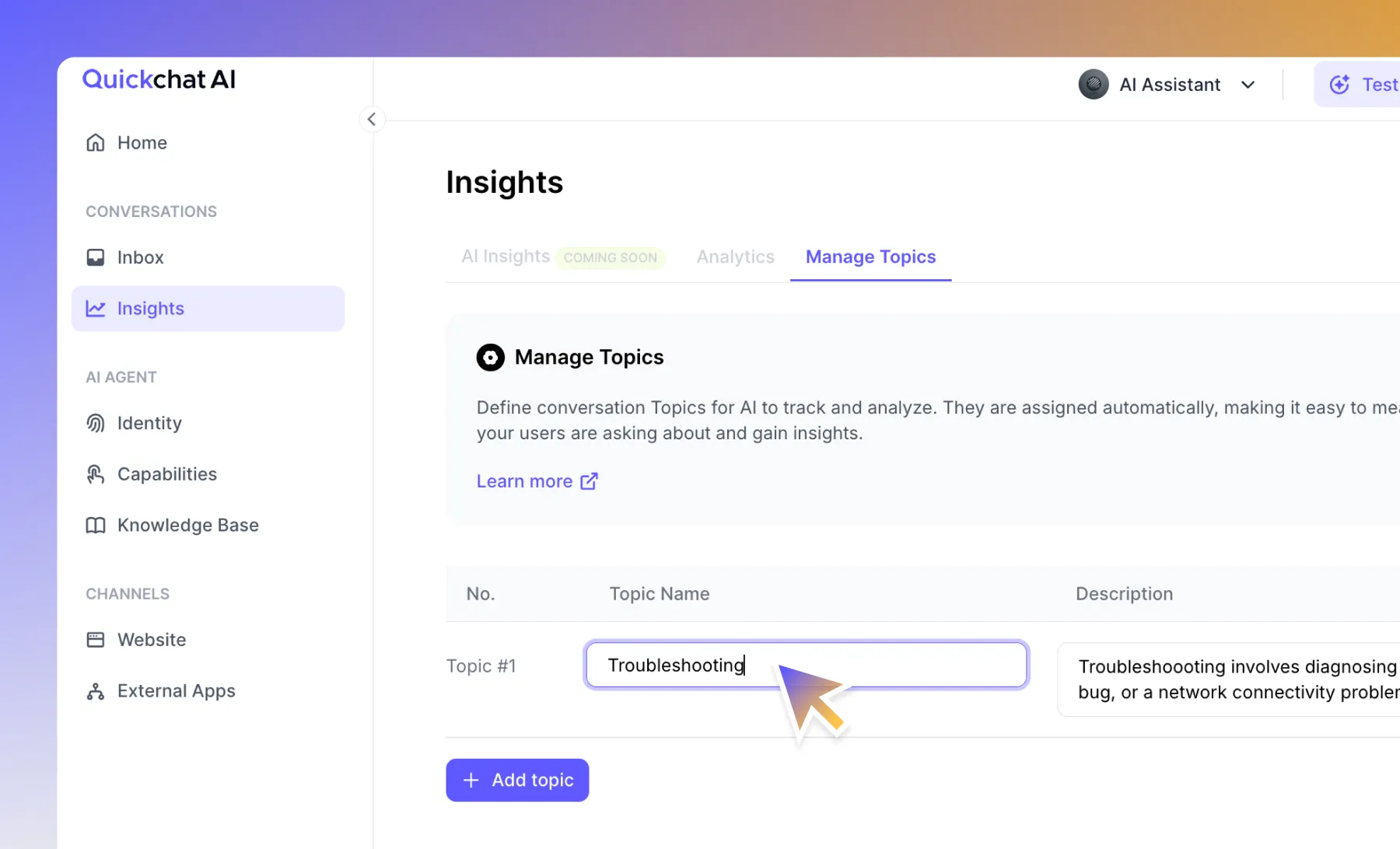 A screenshot of the Insights (Manage Topics) tab in the Quickchat AI interface