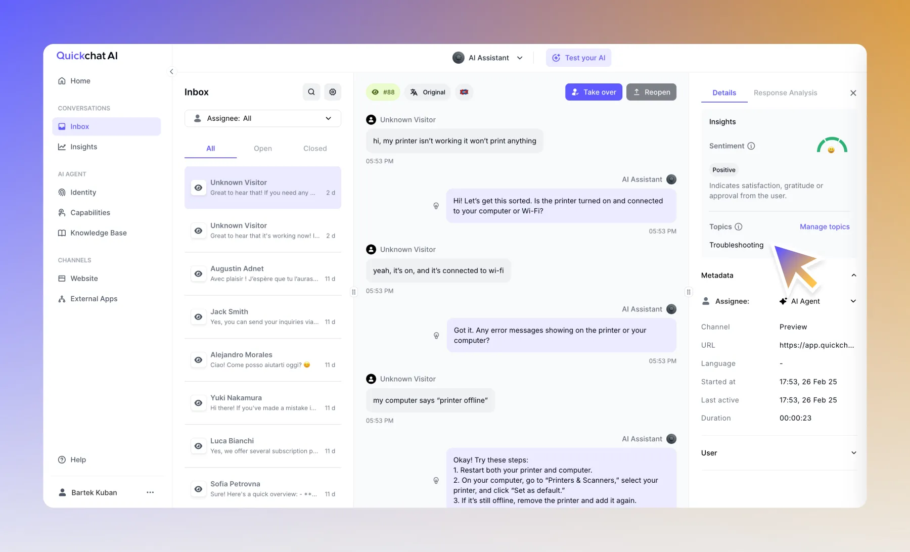 A screenshot of the Topics tab in the Quickchat AI interface