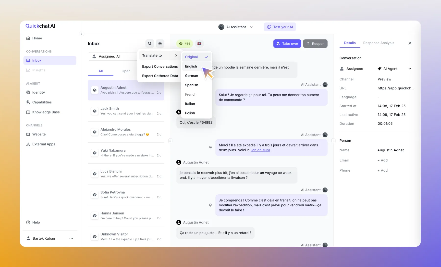 Screenshot of the Translator feature in the Quickchat AI
interface