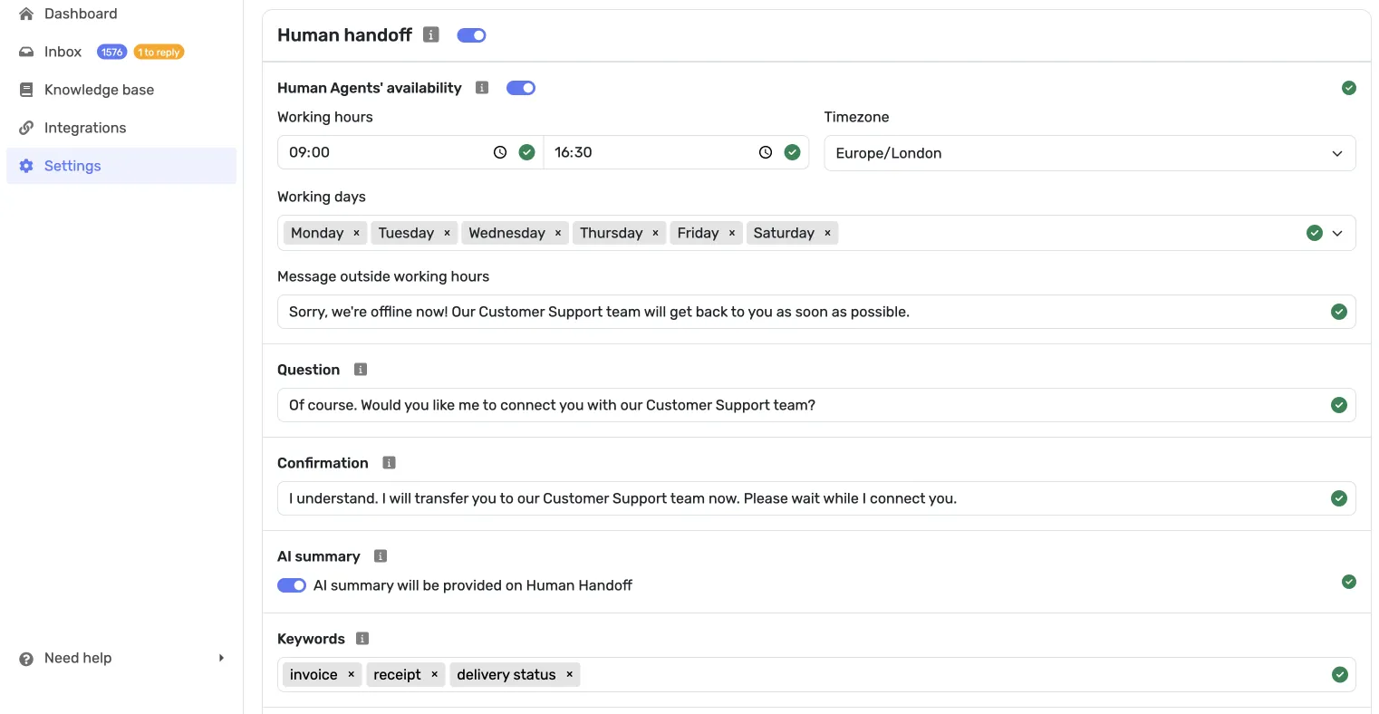 Screenshot of setting trigger keywords