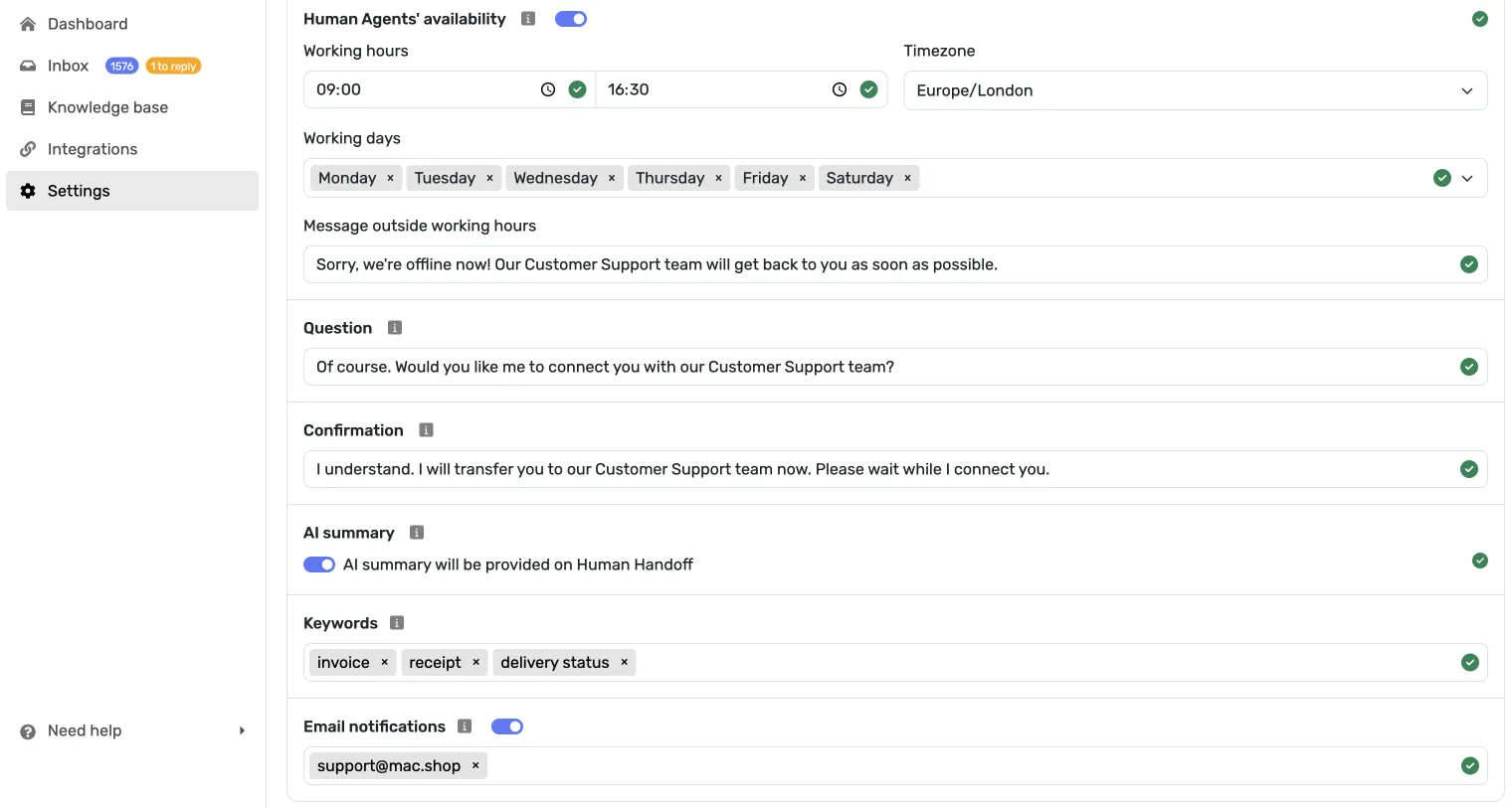 Screenshot of setting up email notifications