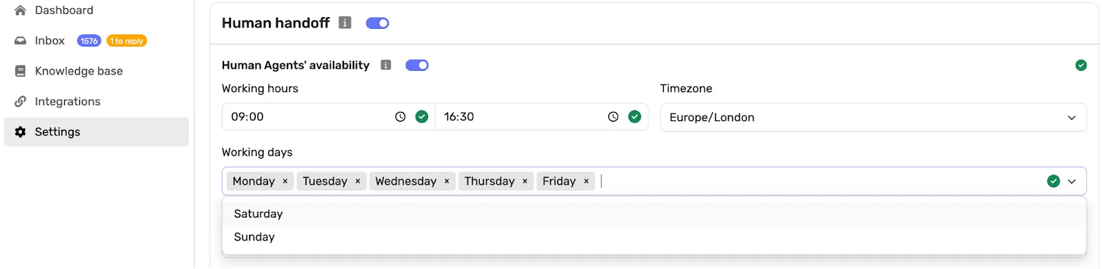 Screenshot of setting working days