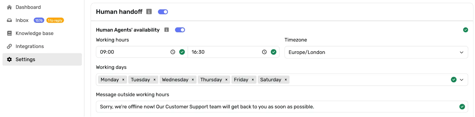 Screenshot of setting outside working hours message