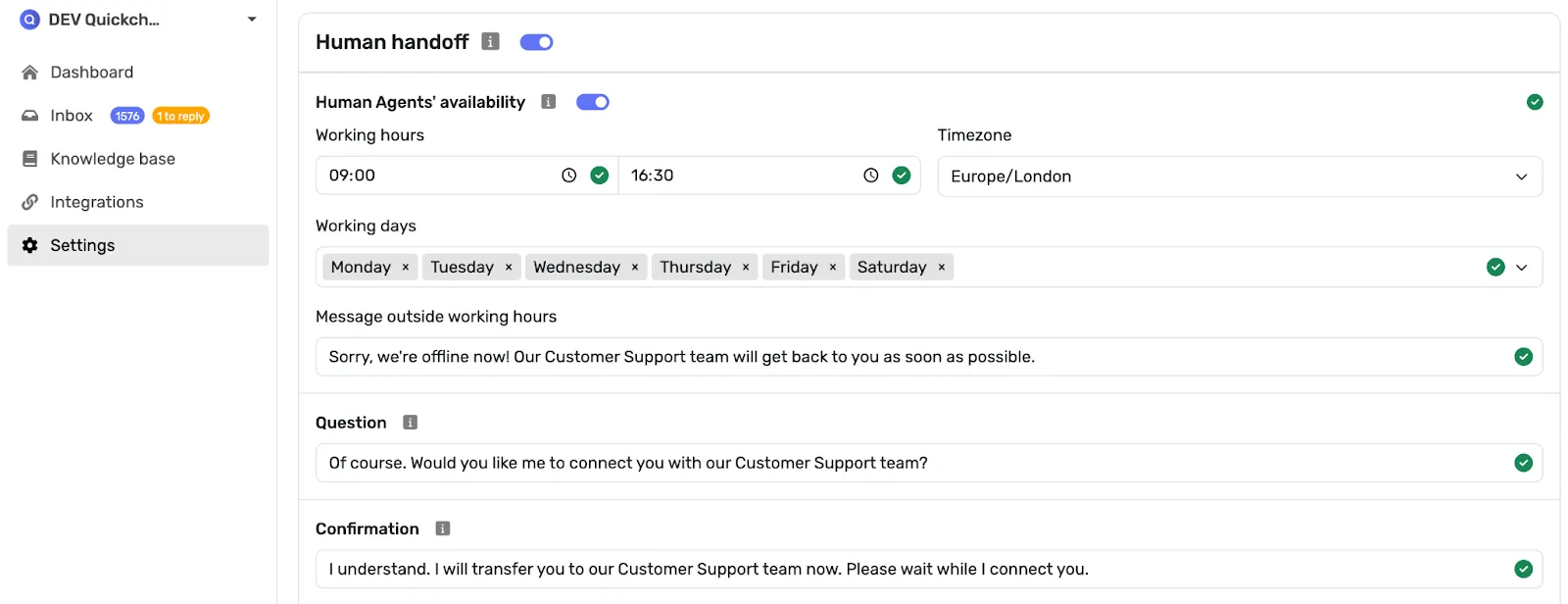 Screenshot of setting confirmation message