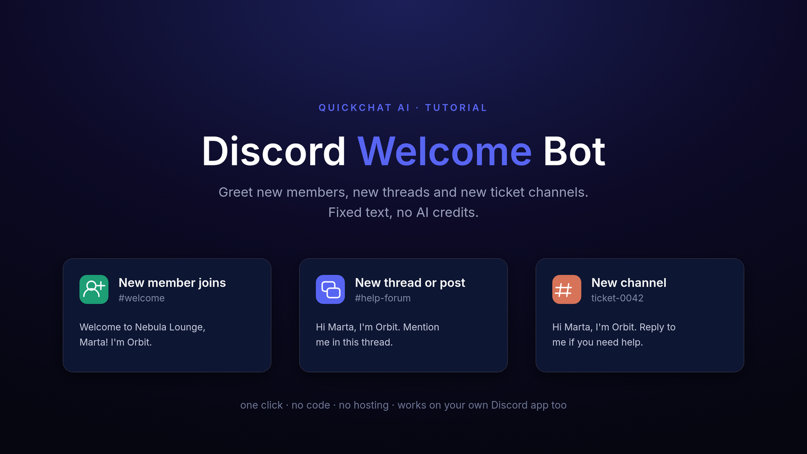 A Discord bot greeting a new member in a welcome channel, a new forum thread, and a freshly created ticket channel