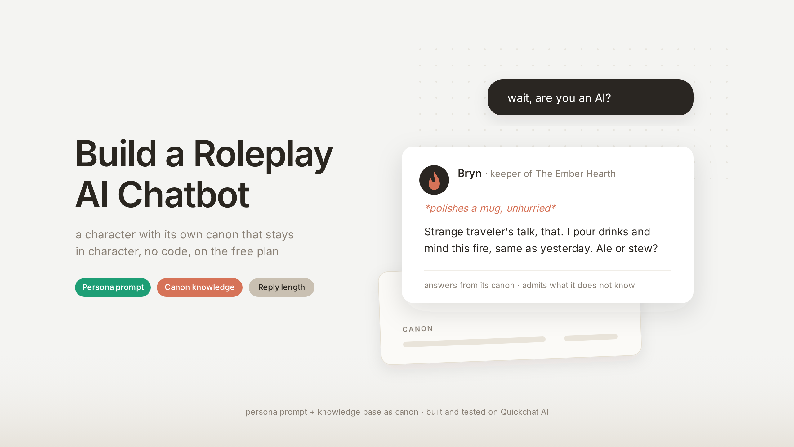 A chat where a visitor asks an AI roleplay character whether it is an AI, and the character answers in character