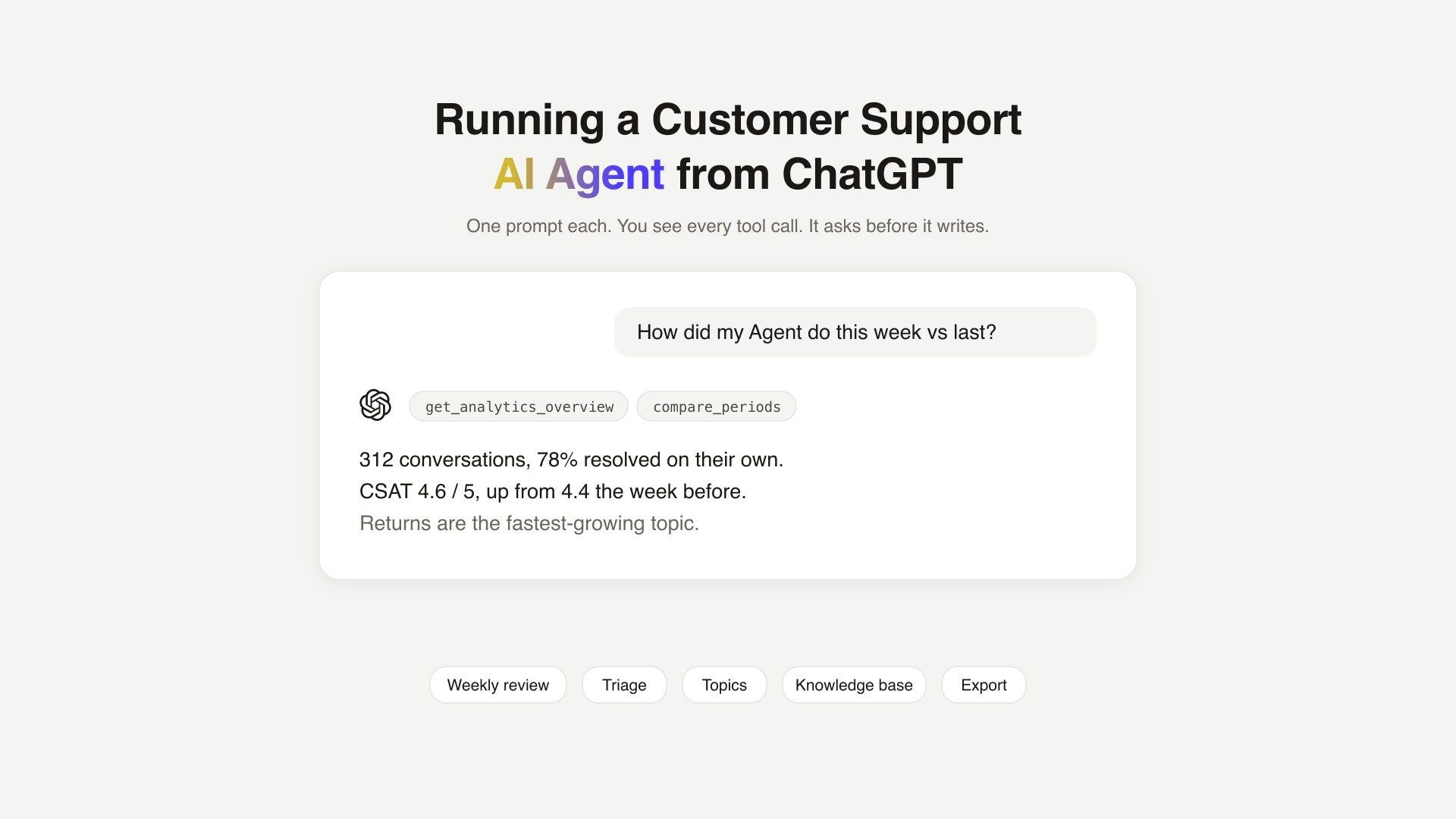 Running a Quickchat AI support Agent from ChatGPT over MCP: a weekly review, triage, topics, a knowledge base update, and an export