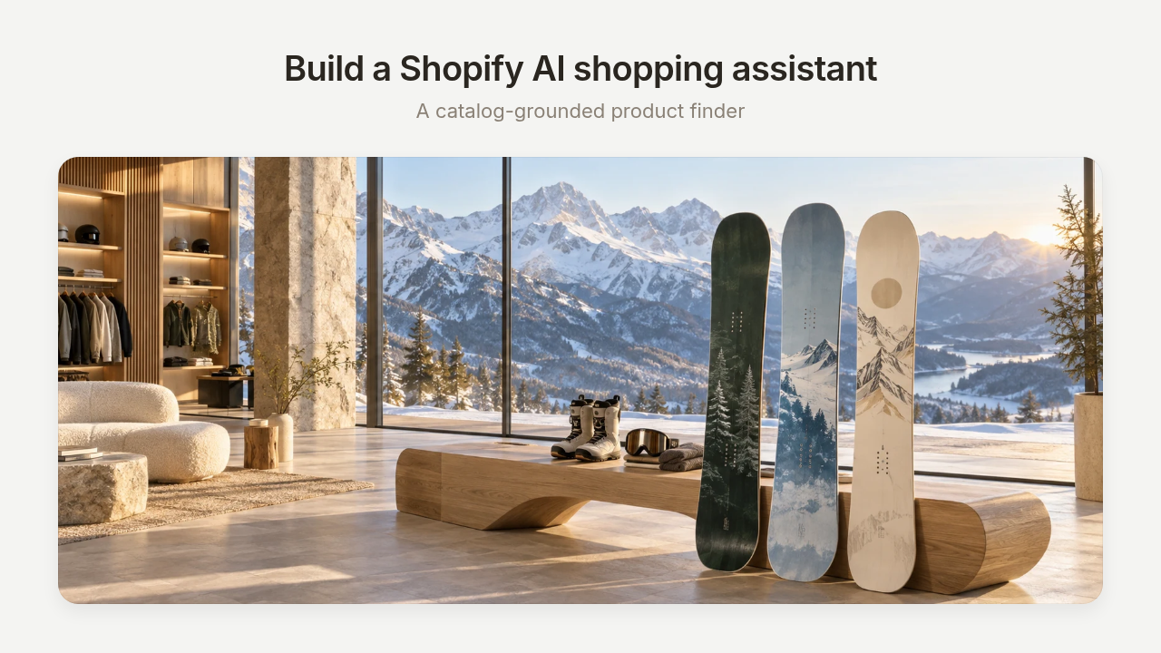 Build a Shopify AI shopping assistant, illustrated by an alpine snowboard showroom with panoramic mountain views