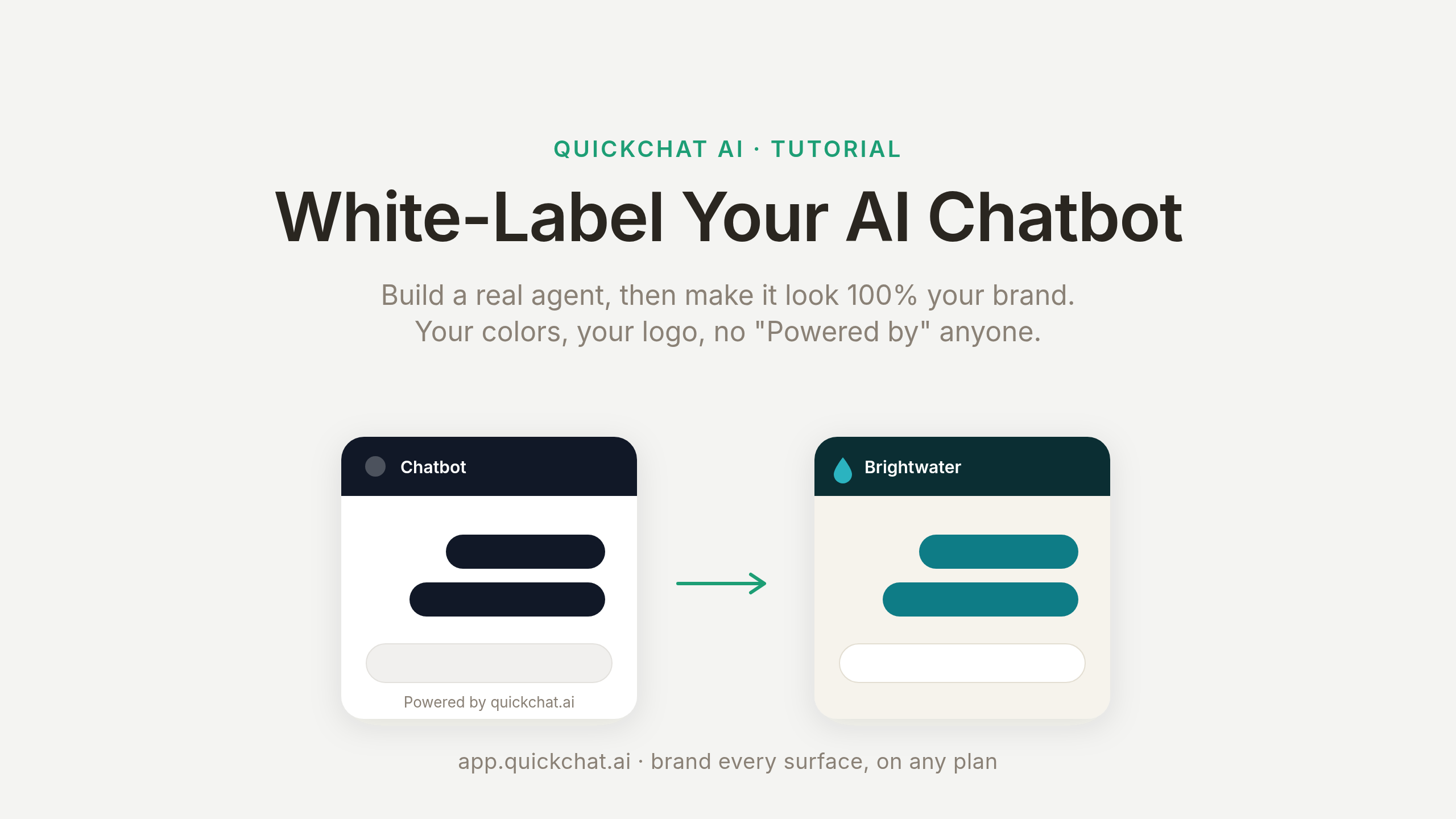 A chat widget branded end to end: brand colors, a custom logo and avatar, and no third-party badge