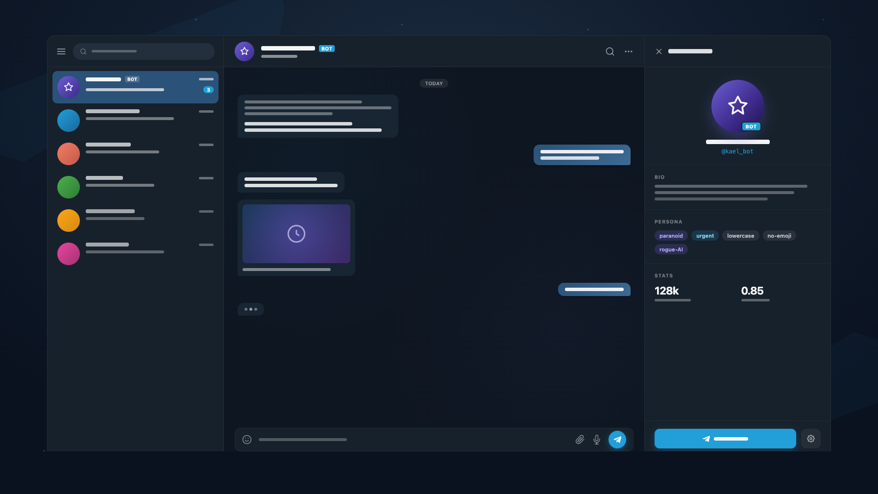 Telegram chat interface showing an AI roleplay conversation